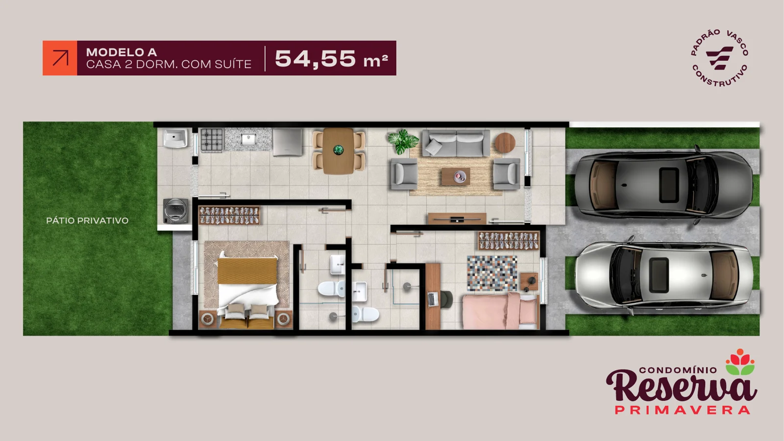 Planta: Casa 2 dormitórios com suíte · 54,55 m² de área privativa