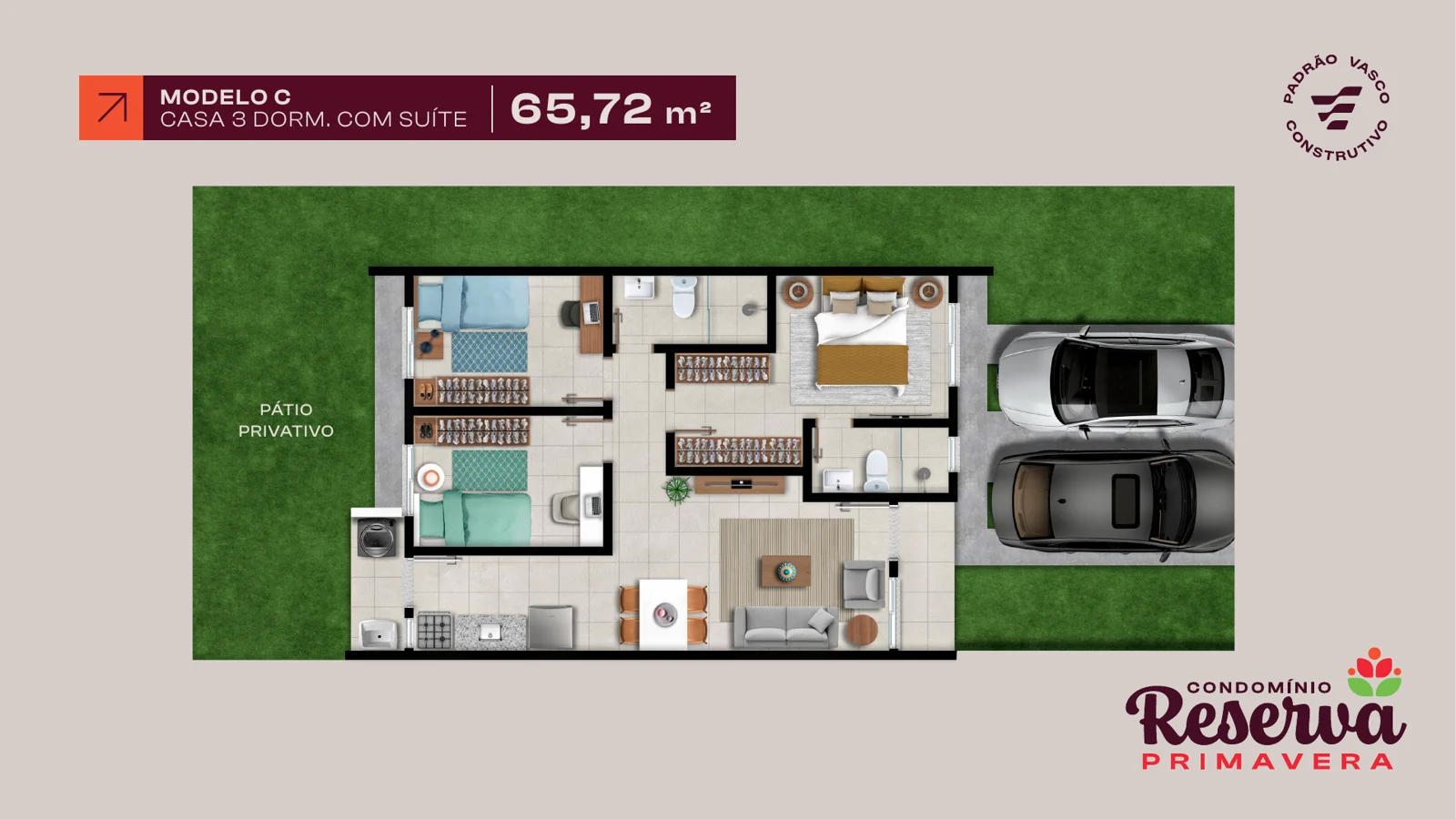 Planta: Casa 3 dormitórios com suíte · 65,72 m² de área privativa
